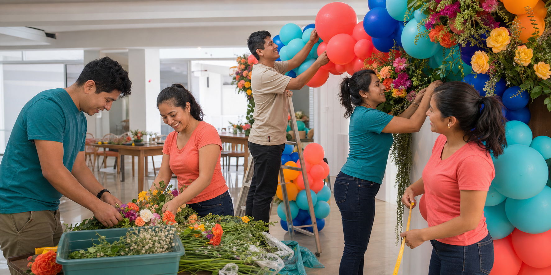 Equipo peruano preparando una decoración colorida